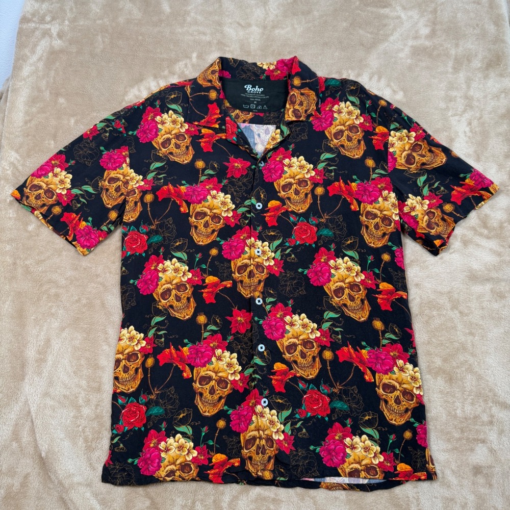 Boho Grove Mens Skull Floral Print Rayon Button Down Shirt Black Size M
